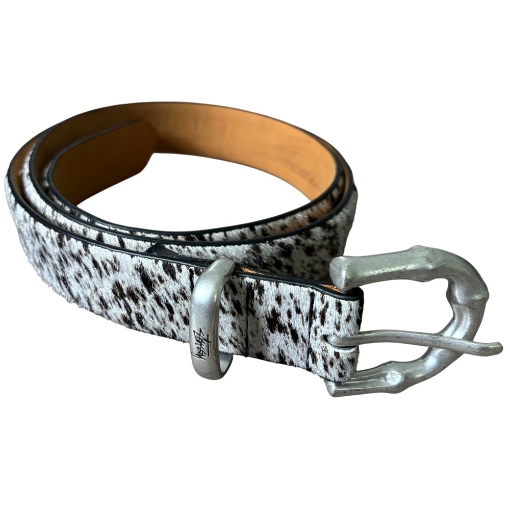 Stussy Hair Calf Leather Belt L/XL Spotted Cowhide Western Silver Buckle Rare